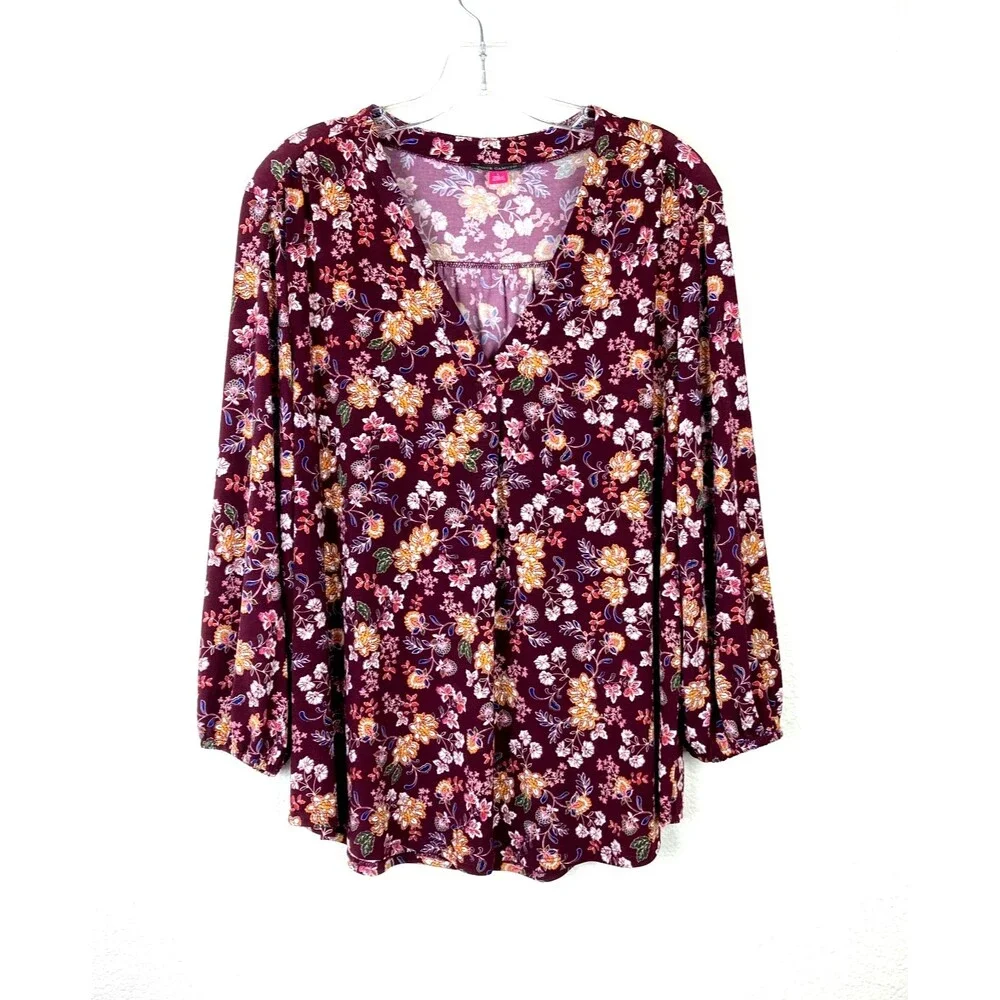 Vince Camuto Women's V-Neck Tunic Blouse Size L Brown Multi Floral Office Casual